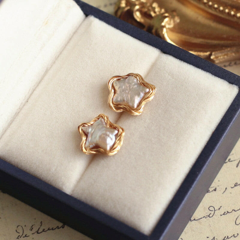 New arrival|Star shape freshwater pearl earring|S925 stud handmade - Bellemargarita Jewelry